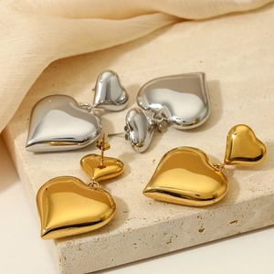 Chic 3D hollow double heart drop earrings in gold and silver polished stainless steel