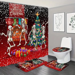 Detail of 4-piece Christmas bathroom set with dancing skull and tree in modern grey restroom