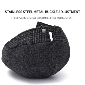 Dark grey wool newsboy cap with adjustable stainless steel buckle and fleece lining