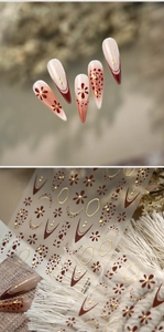 Detail view of M1284 retro leopard and gold flower nail stickers on long almond tips