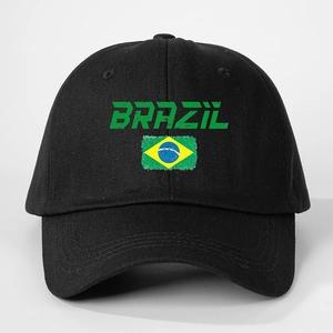 Adjustable black cotton baseball cap with green BRAZIL text and vintage flag embroidery