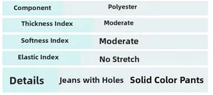 Tableau des tailles pour jeans en polyester avec détails sur l'épaisseur et l'élasticité