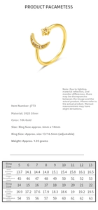 Detailed size chart and parameters for 925 silver star moon adjustable ring