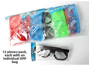 Bulk pack of pixelated mosaic party sunglasses in individual OPP bags with 12 units per pack