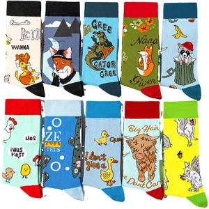 Set of 10 pairs of creative cartoon animal crew socks in various colorful patterns