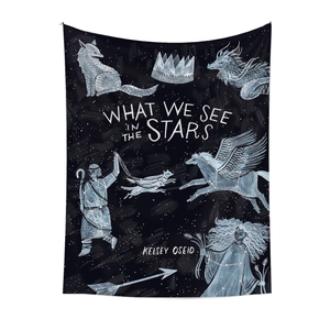 Constellation star map wall tapestry with fox and dragon illustrations on black fabric