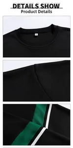 Detail of black crewneck sweatshirt with honeycomb texture, 3XL tag and green stripes