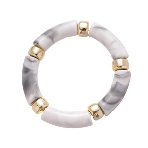 Iridescent marble acrylic tube bracelet with gold beads for women in minimalist style