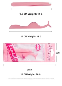 Pink eyelash tweezers set with dimensions showing 9.5cm and 11cm tools in packaging