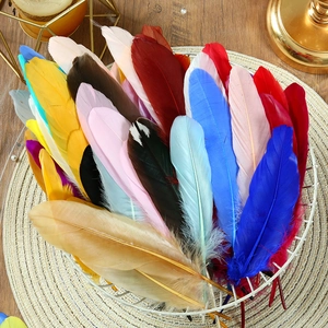 Colorful natural goose feathers in a white metal basket for DIY craft decorations