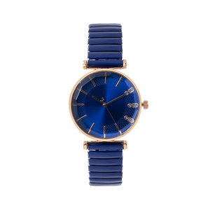 Women's gold quartz watch with a navy sunray dial and flexible stretch strap band