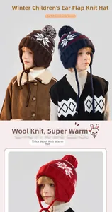 Close-up of children's winter knit hats with snowflake patterns, pom-poms and ear flaps