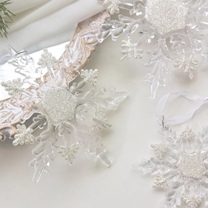 Sparkling transparent acrylic snowflake ornaments with white glitter for Christmas tree decor