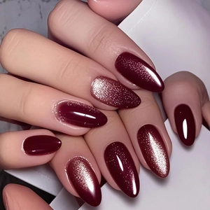 Ongles À Presser Oeil De Chat Rouge Bourgogne Longue Forme Amande Miroir Magnétique Élégants Faux Ongles Pour Femmes