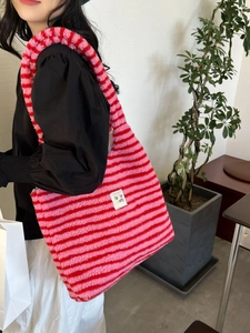 Striped Plush Tote Bag Women Large Capacity Soft Velvet Shoulder Handbag Fashionable Casual Shopping Bag Trendy