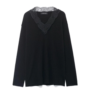 Women's black wool blend knit sweater featuring a stylish V-neck and delicate lace trim