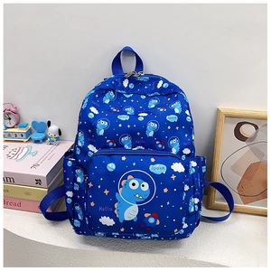 Detailed close-up of blue cartoon backpack featuring astronaut dinosaur prints and side pockets