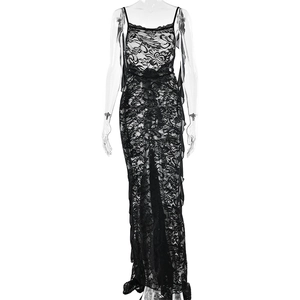 Robe longue en dentelle noire avec maille florale et détail de traîne dos nu sexy