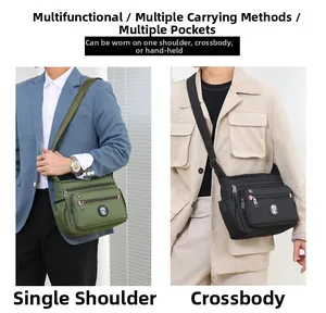 Detail view of multi-compartment nylon shoulder bag in army green and black colors