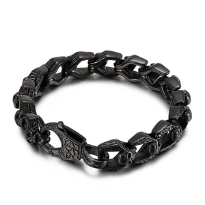 Retro punk style black stainless steel skull link bracelet for men with lobster clasp