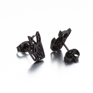 Minimalist black origami fox stud earrings with hollow geometric design for women