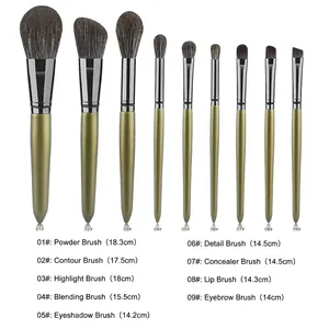 9-piece olive green professional makeup brush set with powder and eyeshadow brushes