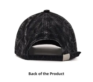 Detailed back view of corduroy baseball cap showing texture and metal adjustable buckle
