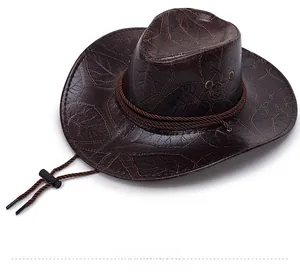 Detail of dark brown cowboy hat with leaf texture embossing and adjustable chin strap