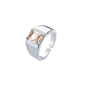 Adjustable S925 silver ring with large square champagne zircon in a four-prong setting