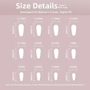 Size chart for 24pcs short T-shape press-on nails with width and length dimensions