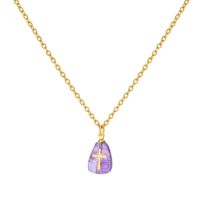 Minimalist gold necklace with a translucent purple stone and cross pendant on white background