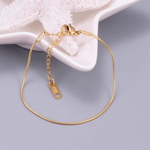 Macro detail of rose gold snake chain anklet with K18 tag and secure lobster clasp