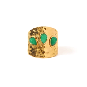 French style stainless steel wide ring featuring three green drop-shaped gemstones