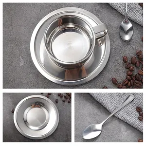 304 stainless steel coffee cup set with saucer and spoon on a stone background
