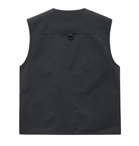 Back view of a black multi-pocket utility vest with a tactical D-ring for outdoor gear