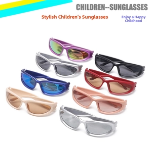 Close-up of children's sports sunglasses in eight assorted colors with streamlined frames
