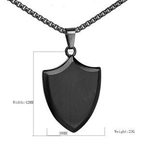 Polished black stainless steel shield pendant necklace with dimensions 42mm by 39mm
