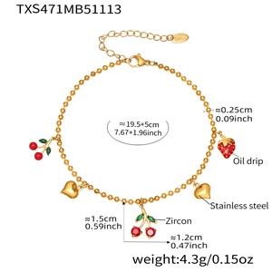 Détails du bracelet doré cerise avec dimensions en acier inoxydable et matériaux zircon