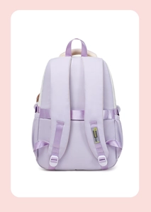 Detail of lavender backpack back featuring breathable padded straps and luggage trolley strap