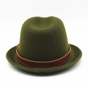 Close-up of wool fedora hat with brown leather band showing premium fiber texture