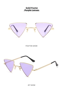Detail view of gold triangle sunglasses with purple lenses from front and side angles