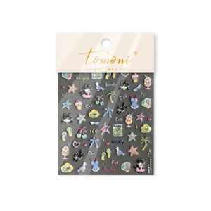 Relief summer cat nail stickers with coconut trees and neon elements on white background