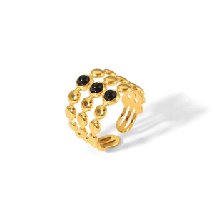 18k gold plated stainless steel multi-row C-shaped ring with black stones