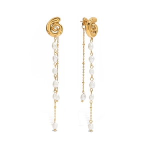 Golden spiral stainless steel drop earrings with long chain tassels and white pearls