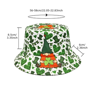 St. Patrick's Day bucket hat with green clover and gnome patterns and size details