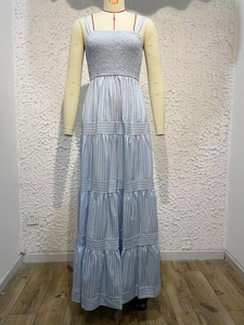 Detail of light blue striped summer maxi dress with pleated bust and layered hemline