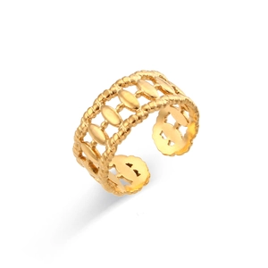 Minimalist gold braided hollow ring with oval pattern in polished stainless steel