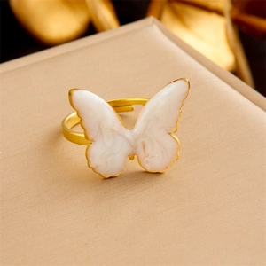 Adjustable gold plated stainless steel ring with elegant white butterfly design