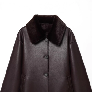 Deep brown faux leather jacket with plush black fur collar and single-breasted button detail