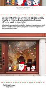 Detailed view of festive Christmas static window clings with Santa, reindeer and snowflakes